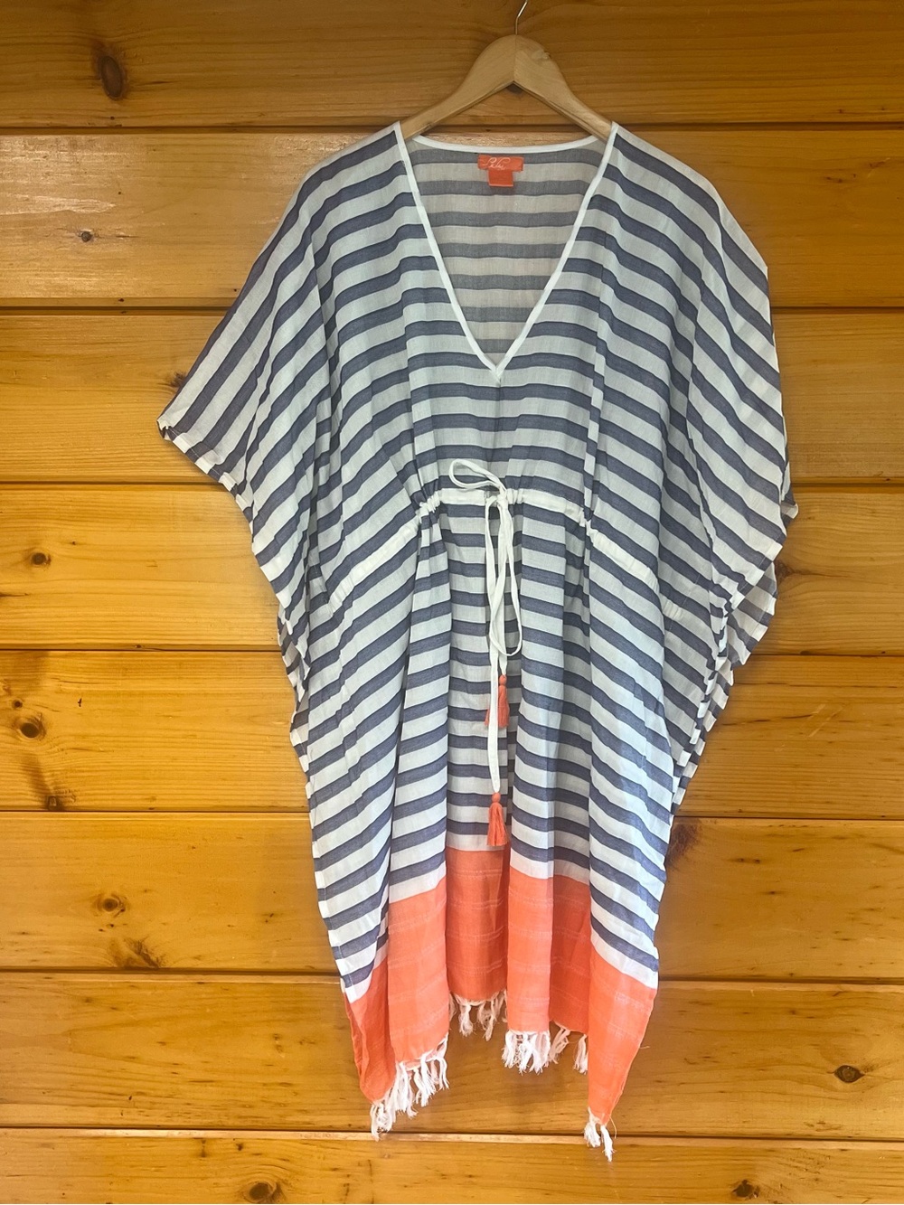 100% Cotton Coverup NWOT Navy & White Striped Swim Coverup with Coral Trim 2X